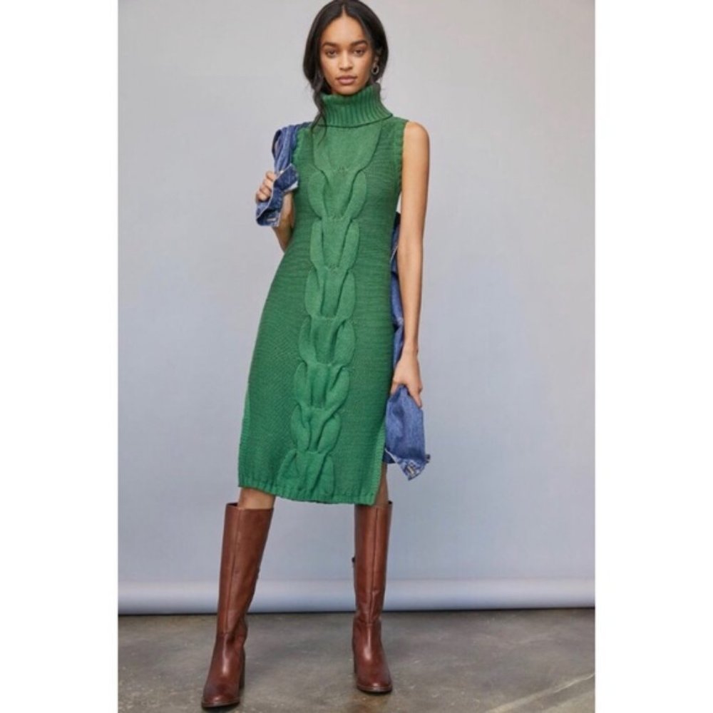 Anthropologie Sapphire Turtleneck Tunic Sweater Dress Green Size Large New